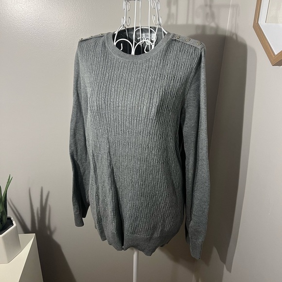 Kim Rogers Grey Cable Knit Button Shoulder 100% Cotton Crew Neck Sweater Size M - Picture 1 of 4